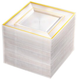 bUCLA 100PCS Clear Gold Plastic Square Plates - 6 Inch Clear Disposable Dessert/Cake Plates with Gold Trim - Ideal for Weddings,Birthday&Party