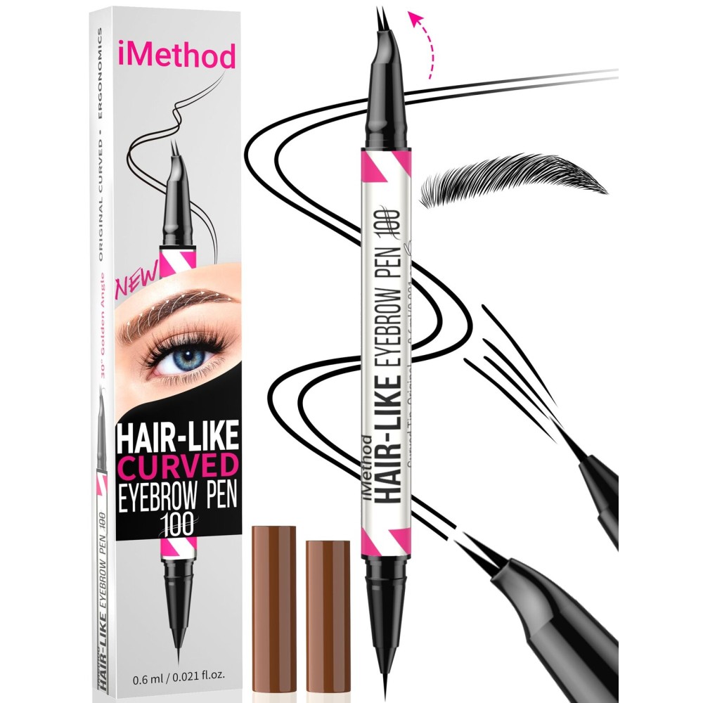 iMethod Curved Eyebrow Pen - 2-in-1 Dual-Ended Eyebrow Pencil with Curved Tip and Precise Brush-Tip, Microblading Pen for Natural Hair-Like Brows, Long Lasting, Black