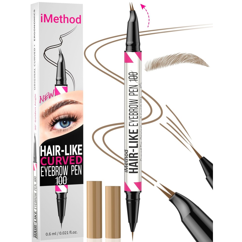 iMethod Curved Eyebrow Pen - 2-in-1 Dual-Ended Eyebrow Pencil with Curved Tip and Precise Brush-Tip, Microblading Eyebrow Pen for Natural Hair-Like Brows, Long Lasting, Blonde