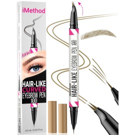 iMethod Curved Eyebrow Pen - 2-in-1 Dual-Ended Eyebrow Pencil with Curved Tip and Precise Brush-Tip, Microblading Pen for Natural Hair-Like Brows, Long Lasting, Light Brown