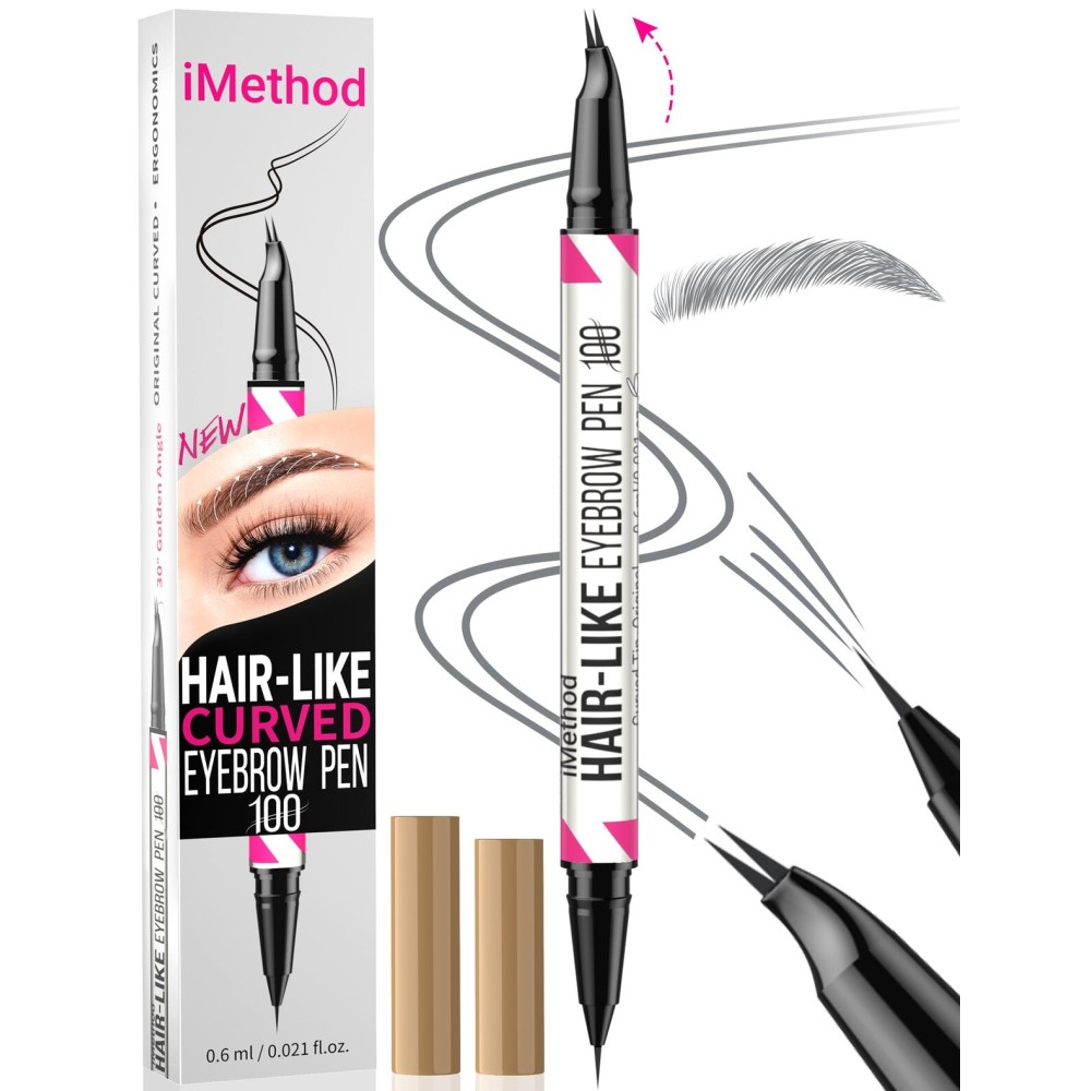 iMethod Curved Eyebrow Pen - 2-in-1 Dual-Ended Eyebrow Pencil with Curved Tip and Precise Brush-Tip for Natural Hair-Like Brows, Eyebrow Pencils for Women, Long Lasting, Grey
