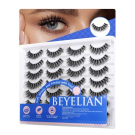 BEYELIAN 14 Pairs False Eyelashes Fluffy D Curl 6-15MM Cat Eye Lashes Wispy, 3D Volume Clear Band Faux Mink Lashes Soft and Lightweight, Reusable, Easy to Apply (14P-HSCS-48)