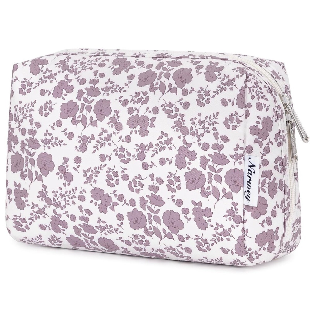 Narwey Cute Floral Makeup Bag Travel Cosmetic Bag Organizer Toiletry Bag Make Up Bags with Organized Pocket for Women Girls (Large, Little Dusty Pink Flower)