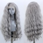 ELESTY Long Wavy Grey Hair Synthetic Lace Front Wig for Women Pree Part Loose Curly Glueless Lace Wig Natural Looking Heat Resistant Fiber Synthetic Lace Wig for Daily Cosplay Use