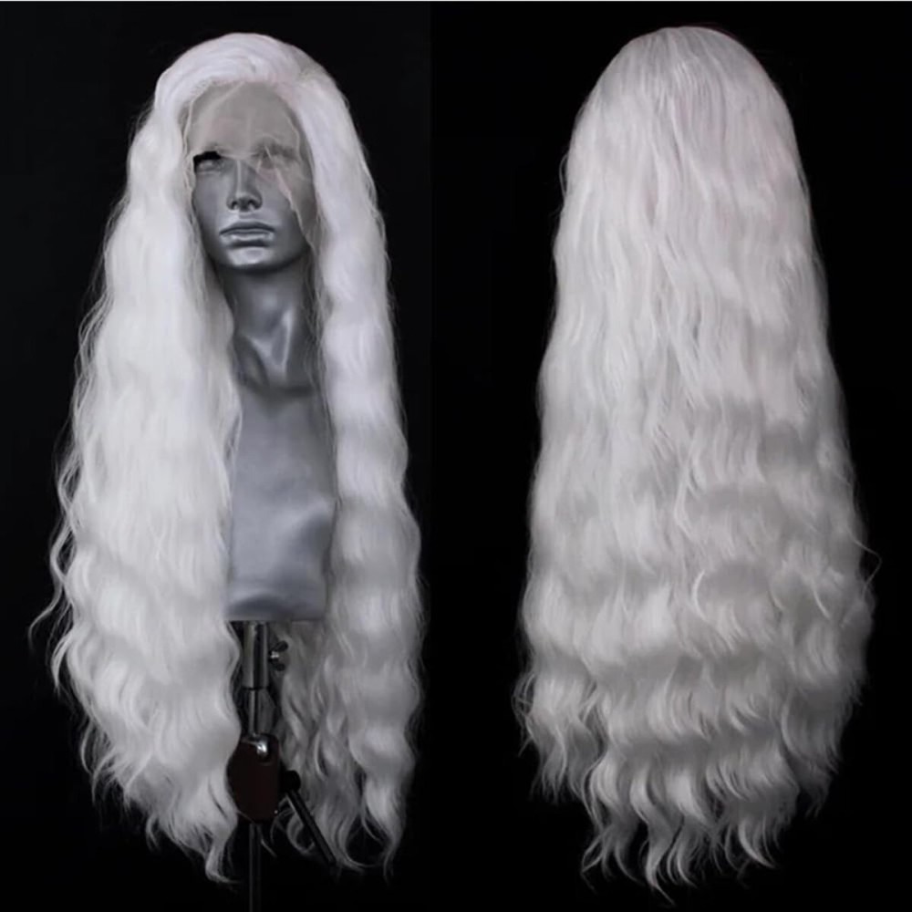 ELESTY Long Wavy White Hair Synthetic Lace Front Wig For Women Heat Resistant Fiber Loose Curly Lace Front Wig Glueless Lace Wigs Pre Plucked Natural Hairline Cosplay Party Wigs 24Inch