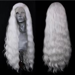 ELESTY Long Wavy White Hair Synthetic Lace Front Wig For Women Heat Resistant Fiber Loose Curly Lace Front Wig Glueless Lace Wigs Pre Plucked Natural Hairline Cosplay Party Wigs 24Inch