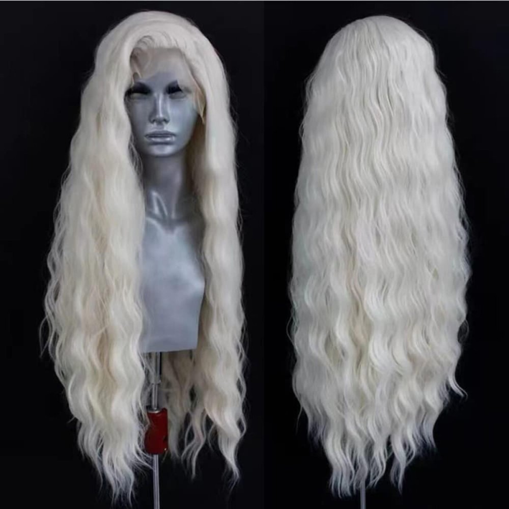 ELESTY Long Wavy White Blonde Hair Synthetic Lace Front Wig For Women Natural Loose Curly 60 Platinum Icy Blonde Lace Wigs Free Part Water Wave Glueless Lace Front Wigs High Temperature Hair Cosplay