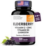 Elderberry Vitamin C and Zinc Capsules for Adults | 120 Count with Quercetin & Vitamin D3 | 6-in-1 Immune Support Supplement Pills | Sambucus Black Elderberry Natural Immunity Vitamins | Made in USA