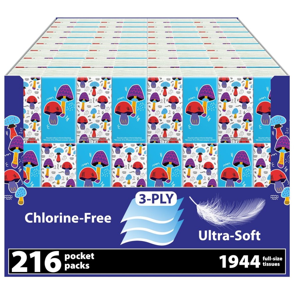 Travel Tissue Packs - 216 Compact 3-Ply Packs (1,944 Total), Soft Chlorine-Free Facial Tissues for Purse, Car, or School, Gentle & Durable, Non-Bleach, Whimsical Mushroom Design