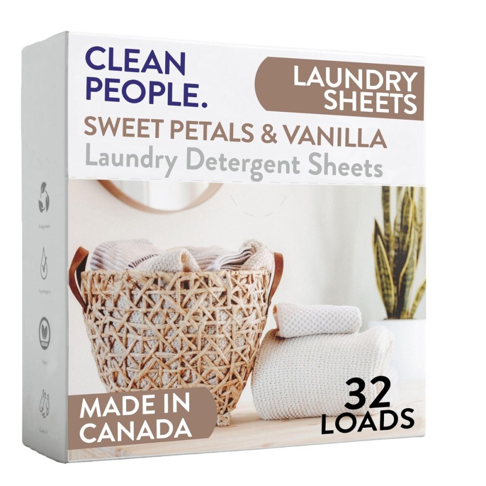 The Clean People Laundry Detergent Sheets - Laundry Soap - Ultra Concentrated, Recyclable Packaging, Stain Fighting - Sweet Petals & Vanilla, 32 Pack