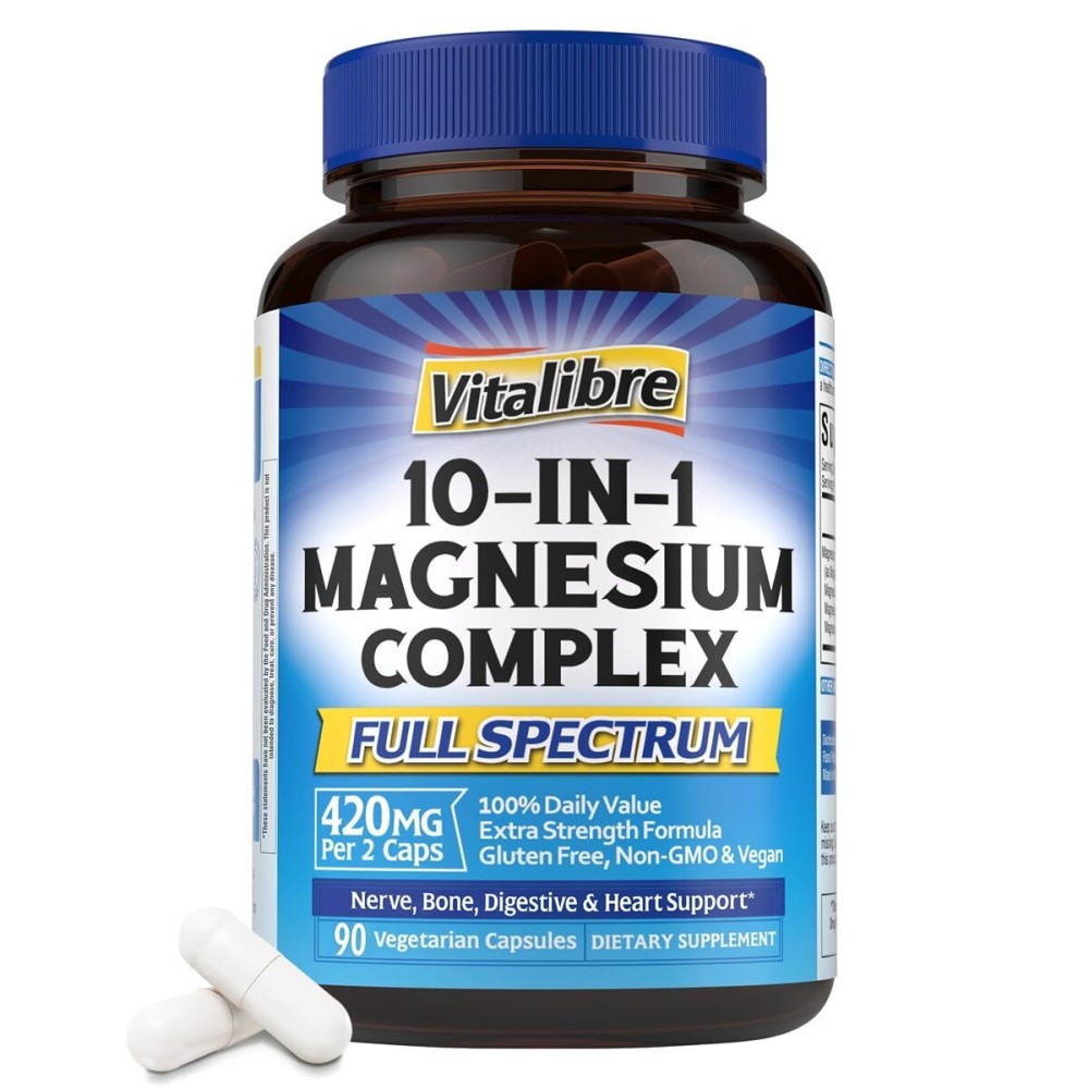 Vitalibre 10 in 1 Magnesium Complex, 420mg Elemental Magnesium | Ultra Strength, Max Absorption | Chelated Magnesium Supplement for Sleep, Nerves & Heart Health | Non-GMO, 90 Vegan Capsules