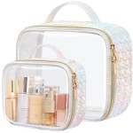 PACKISM TSA Approved Toiletry Bag 1 Large 1 Medium - 2 Pack Ruched Textured Clear Makeup Bag, Iridescent White, with 180 Large Opening and Supporting Frame, Perfect for Travel Essentials