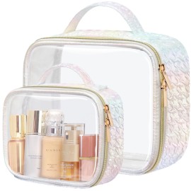 PACKISM TSA Approved Toiletry Bag 1 Large 1 Medium - 2 Pack Ruched Textured Clear Makeup Bag, Iridescent White, with 180 Large Opening and Supporting Frame, Perfect for Travel Essentials