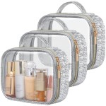 PACKISM TSA Approved Toiletry Bag - 3 Pack Ruched Textured Clear Makeup Bag, Metallic Silver, with 180 Large Opening and Supporting Frame, Perfect for Travel Essentials, Thick No Smell