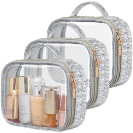 PACKISM TSA Approved Toiletry Bag - 3 Pack Ruched Textured Clear Makeup Bag, Metallic Silver, with 180 Large Opening and Supporting Frame, Perfect for Travel Essentials, Thick No Smell