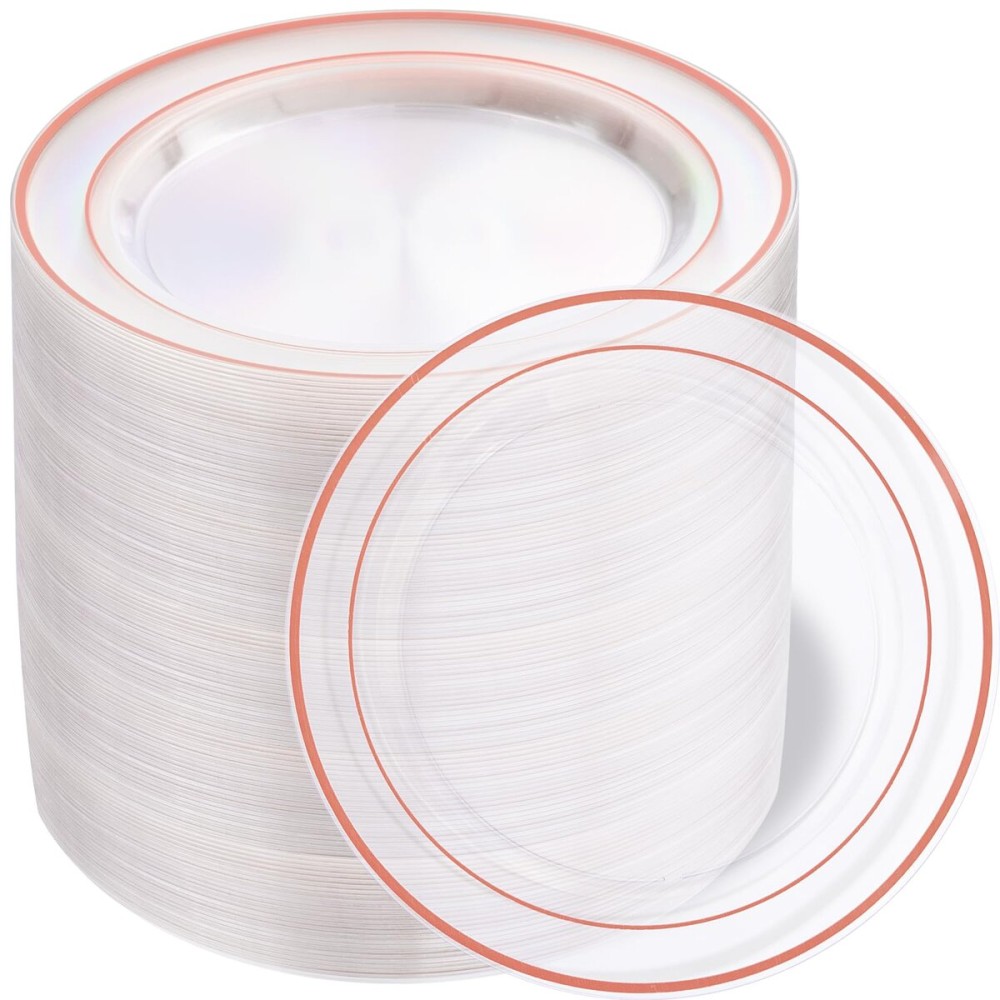 bUCLA 100PCS Clear Rose Gold Plastic Plates Disposable - Heavy Duty 6.25 Inch Clear Plastic Dessert Plates with Rose Gold Trim - Ideal for Party, Wedding & Mothers Day