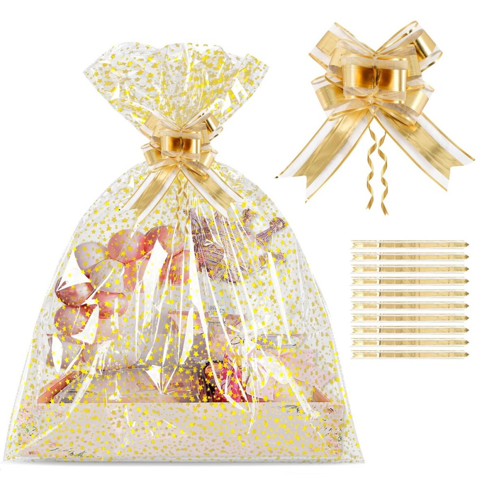 COQOFA 20 Pieces Large Cello/Cellophane Bags 18x30 Inches Clear Basket Gift Bags Gold Star Printed OPP Plastic Cellophane Wrap for Baskets Gift Packaging with Gold Pull Bows