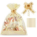 COQOFA 20 Pieces Large Cello/Cellophane Bags 18x30 Inches Clear Basket Gift Bags Gold Star Printed OPP Plastic Cellophane Wrap for Baskets Gift Packaging with Gold Pull Bows