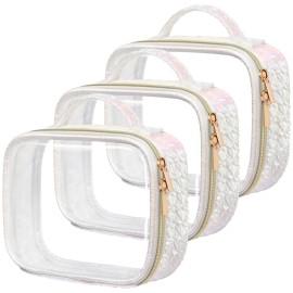 PACKISM TSA Approved Toiletry Bag 3 Medium - Ruched Textured Clear Makeup Bag, Iridescent White, with 180 Large Opening and Supporting Frame, Perfect for Travel Essentials, Thick No Smell