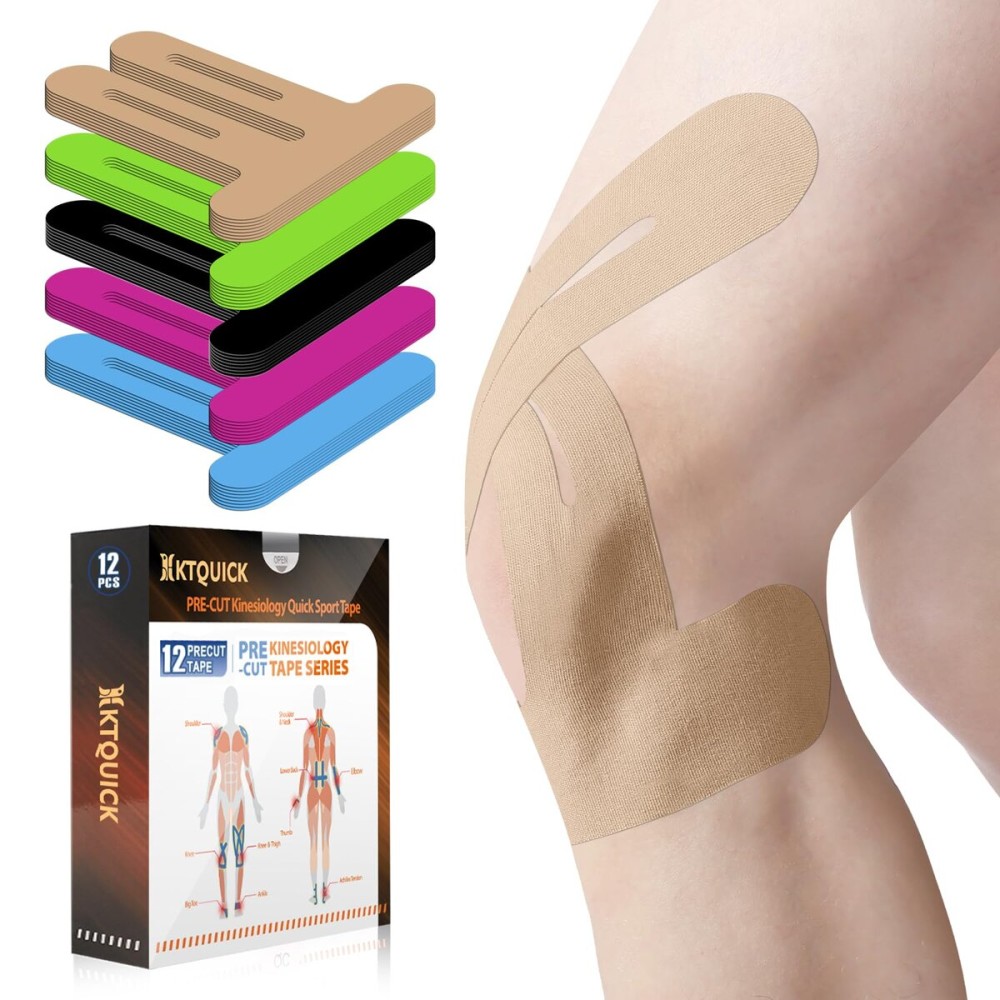 PreCut Kinesiology Tape for Knees, 12 PCS Waterproof KTQUICK Knee Tape for Knee Pain Relief Pre Cut, Original Cotton Athletic Knee Tape, Waterproof & Hypoallergenic Latex-Free for Sports (Beige)