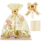 COQOFA 20 Pieces Large Cello/Cellophane Bags,24x30 Inches Clear Basket Gift Bags Gold Star Printed OPP Plastic Cellophane Wrap for Baskets Gift Packaging with Gold Pull Bows