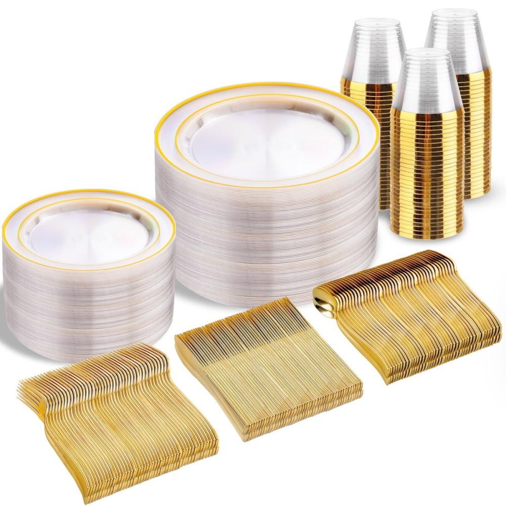 bUCLA 300Pcs Clear Gold Plastic Disposable Dinnerware Set - Clear Plates with Gold Trim Include 50 Dinner / 50 Dessert Plates,50 Cups,150 Plastic Silverware Set for Party
