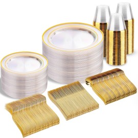 bUCLA 300Pcs Clear Gold Plastic Disposable Dinnerware Set - Clear Plates with Gold Trim Include 50 Dinner / 50 Dessert Plates,50 Cups,150 Plastic Silverware Set for Party