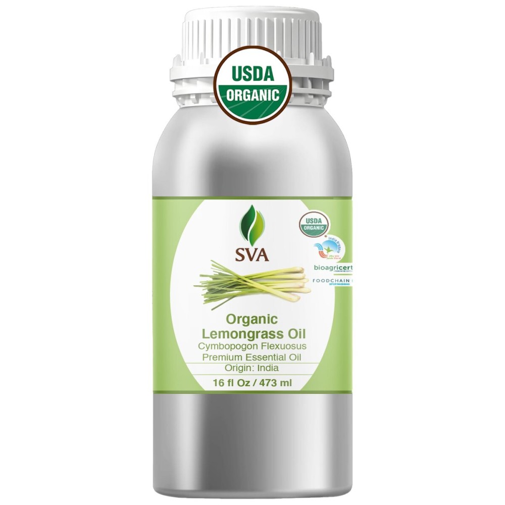SVA Lemongrass Essential Oil Organic - 16 Fl Oz - 100% Natural Organic Lemongrass Oil for Hair, Face, Skin Care, Diffuser, Aromatherapy, Scalp, Body Massage, Soap and Candle Making