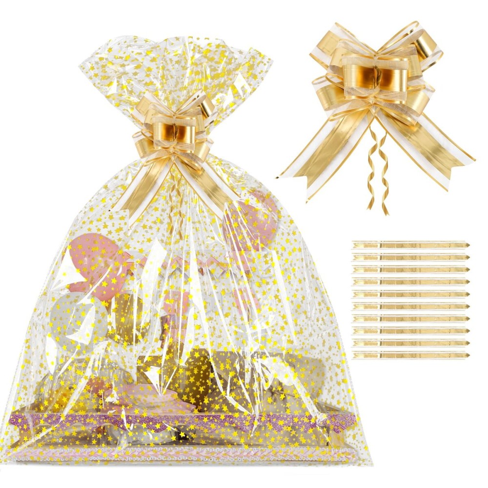 COQOFA 10 Pieces Large Cello/Cellophane Bags,24x 30 Inches Clear Basket Gift Bags Gold Star Printed OPP Plastic Cellophane Wrap for Baskets Gift Packaging with Gold Pull Bows