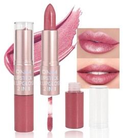 evpct 2 in 1 Natural Nude Pink Glitter Metallic Shimmer Diamond Lipstick and Lip Gloss Set for Women Long Lasting Waterproof, Warm Rose Pink Sparkle Glitter Shiny Lipstick and Lip Liner Makeup Set, 05