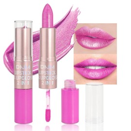 evpct 2 in 1 Hot Pink Glitter Metallic Shimmer Diamond Lipstick and Lip Gloss Set for Women Long Lasting Waterproof, Rose Pink Sparkle Glitter Shiny Lipstick and Lip Liner Makeup Set, 04
