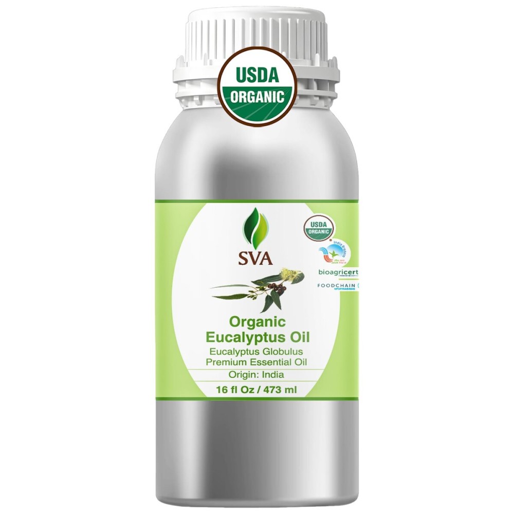 SVA Eucalyptus Essential Oil Organic - 16 Fl Oz - 100% Natural Organic Eucalyptus Oil for Hair, Face, Skin Care, Diffuser, Aromatherapy, Scalp, Body Massage, Soap and Candle Making