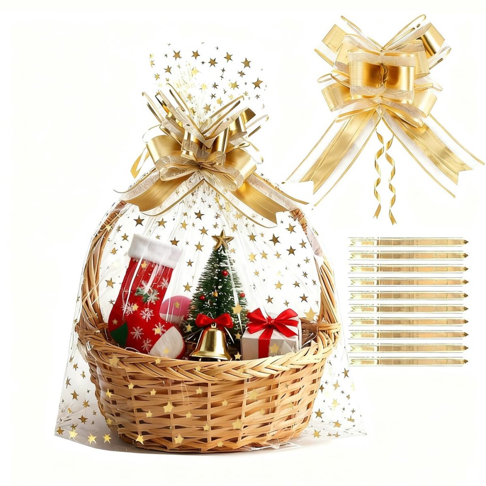 COQOFA 10 Pieces Large Cello/Cellophane Bags 18x30 Inches Clear Basket Gift Bags Gold Star Printed OPP Plastic Cellophane Wrap for Baskets Gift Packaging with Gold Pull Bows