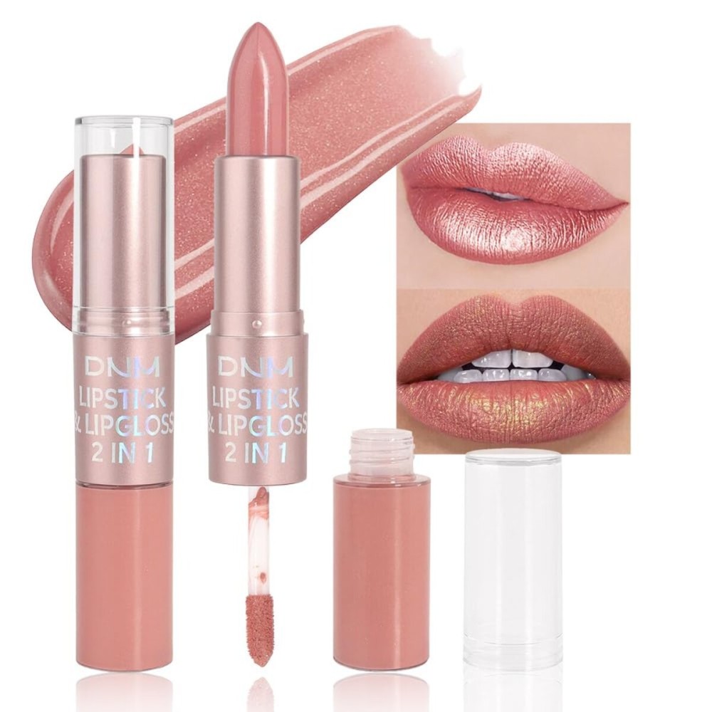 evpct 2 in 1 Rose Nude Glitter Metallic Shimmer Diamond Lipstick and Lip Gloss Set for Women Long Lasting Waterproof, Bright Rose Pink Sparkle Glitter Shiny Lipstick and Lip Liner Makeup Set, 02