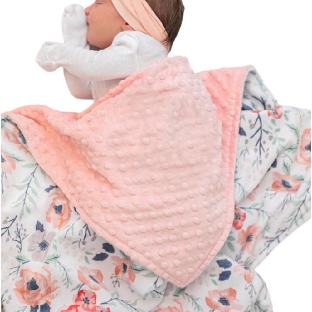 Baby Double Layer Soft Plush Minky Blanket With Dotted Backing for Boys Girls - Toddler Newborn Shower Gift (Blossom, 30 X 40 Inch)