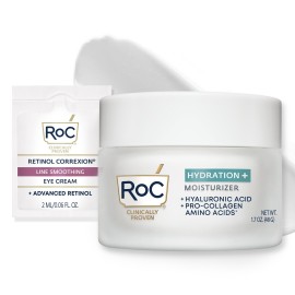 RoC Hydration+ Hyaluronic Acid Moisturizer Face Cream Fragrance Free Sensitive Face Moisturizer with Collagen Proteins 1.7 Ounces with Retinol Eye Cream Packette
