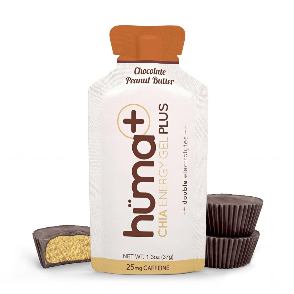 Huma Plus (Double Electrolytes) - Chia Energy Gel, Chocolate Peanut Butter, 12 Gels - Stomach Friendly, Real Food Energy Gels