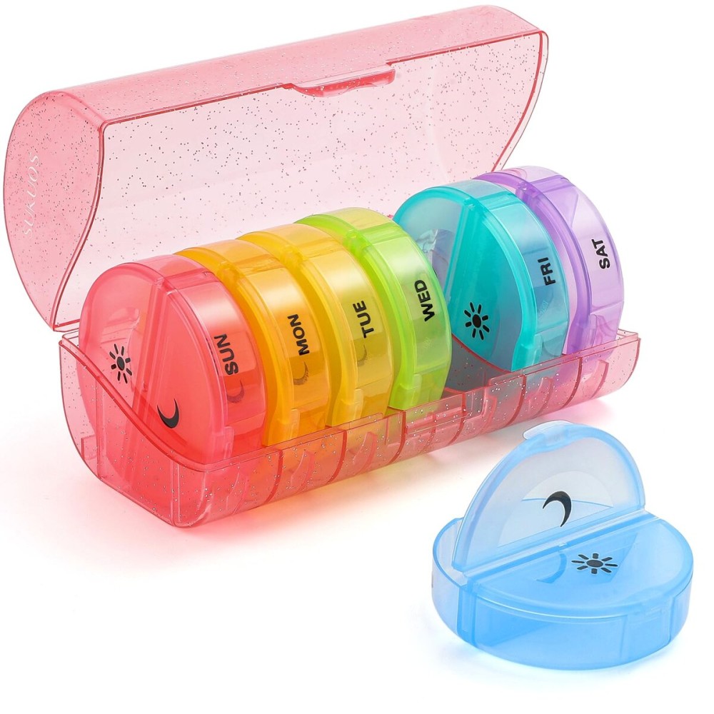 Sukuos Large Weekly Pill Organizer 2 Times a Day, Daily Pill Box 7 Day Easy to Open with Double Protection, AM PM Pill Case for Medicine/Vitamin/Fish Oil/Supplements (Glitter Pink)