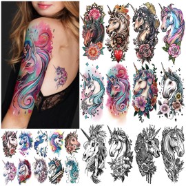 77 Sheets Unicorn Temporary Tattoo for Adult Kid, 17 Sheets Half Arm Skull Flowers Fake Tattoos, 60 Sheets Tiny Body Tattoos Stickers for Women Men Waterproof Realistic Christmas Halloween Costume