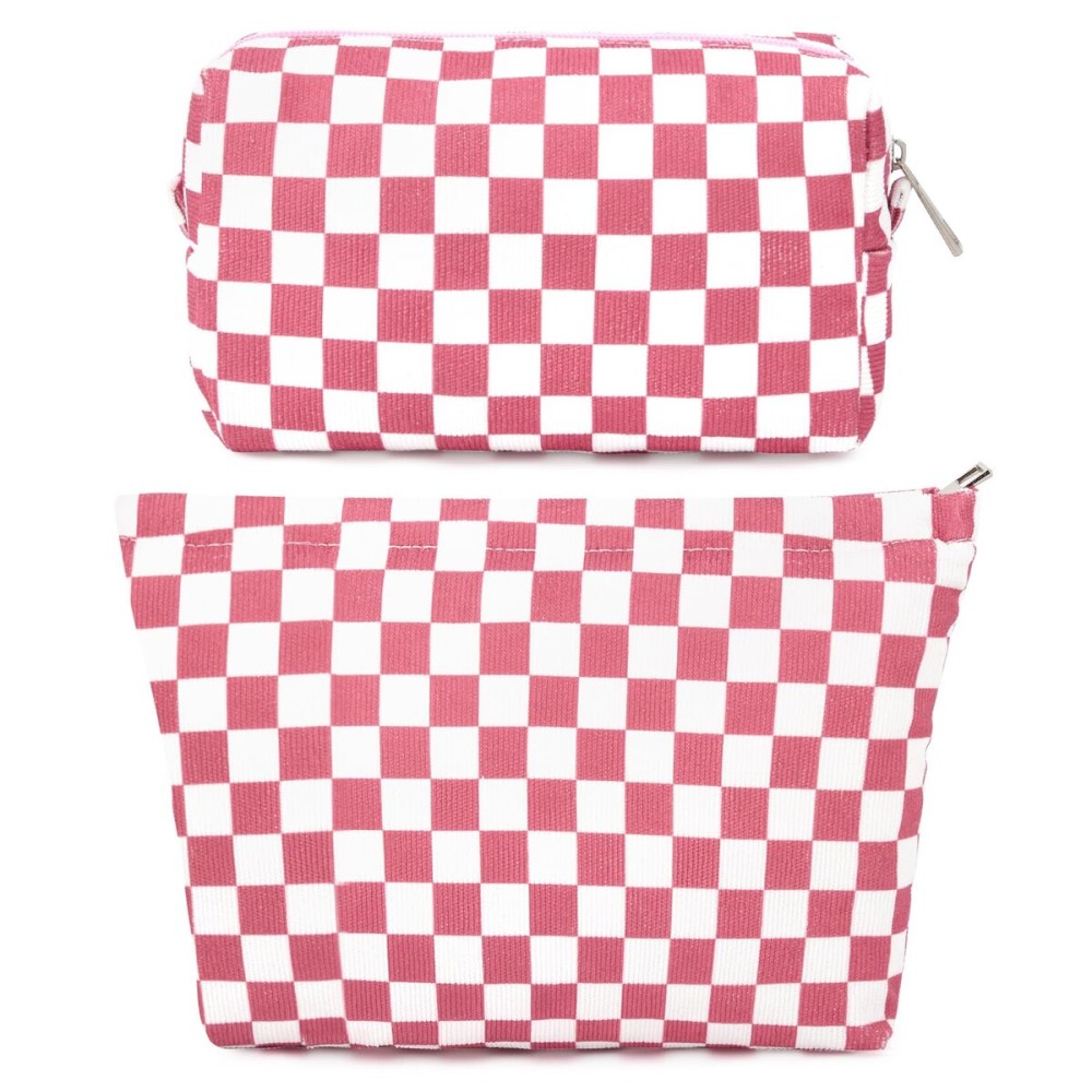SOIDRAM 2 Pcs Checkered Makeup Bag Large Cosmetic Bag Toiletry Bag Makeup Pouch Travel Bag Organizer Cute Makeup Brushes Aesthetic Accessories Storage Bag for Women Peach Pink