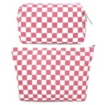 SOIDRAM 2 Pcs Checkered Makeup Bag Large Cosmetic Bag Toiletry Bag Makeup Pouch Travel Bag Organizer Cute Makeup Brushes Aesthetic Accessories Storage Bag for Women Peach Pink