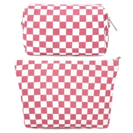 SOIDRAM 2 Pcs Checkered Makeup Bag Large Cosmetic Bag Toiletry Bag Makeup Pouch Travel Bag Organizer Cute Makeup Brushes Aesthetic Accessories Storage Bag for Women Peach Pink