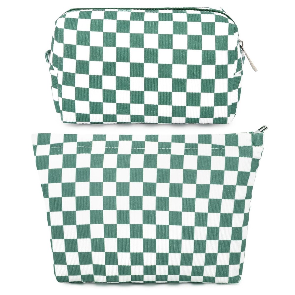SOIDRAM 2 Pcs Checkered Makeup Bag Large Cosmetic Bag Toiletry Bag Makeup Pouch Travel Bag Organizer Cute Makeup Brushes Aesthetic Accessories Storage Bag for Women Olive Green