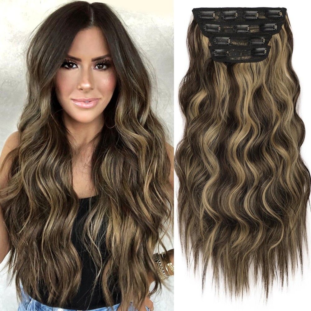 KooKaStyle Clip in Synthetic Hair Extensions Long Wavy 4PCS Thick Hairpieces Brown mix Sandy Blonde F6/18 Fiber Double Weft Natural Hair Extensions 20 Inch for Women