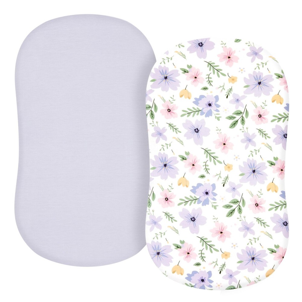 TILLYOU Baby Bassinet Sheets for Girls Boys, Fit for Hourglass Oval Rectangle Bassinet Mattress Sheets, 33X16, 2 Pack Brilliant Little Flowers and Purple