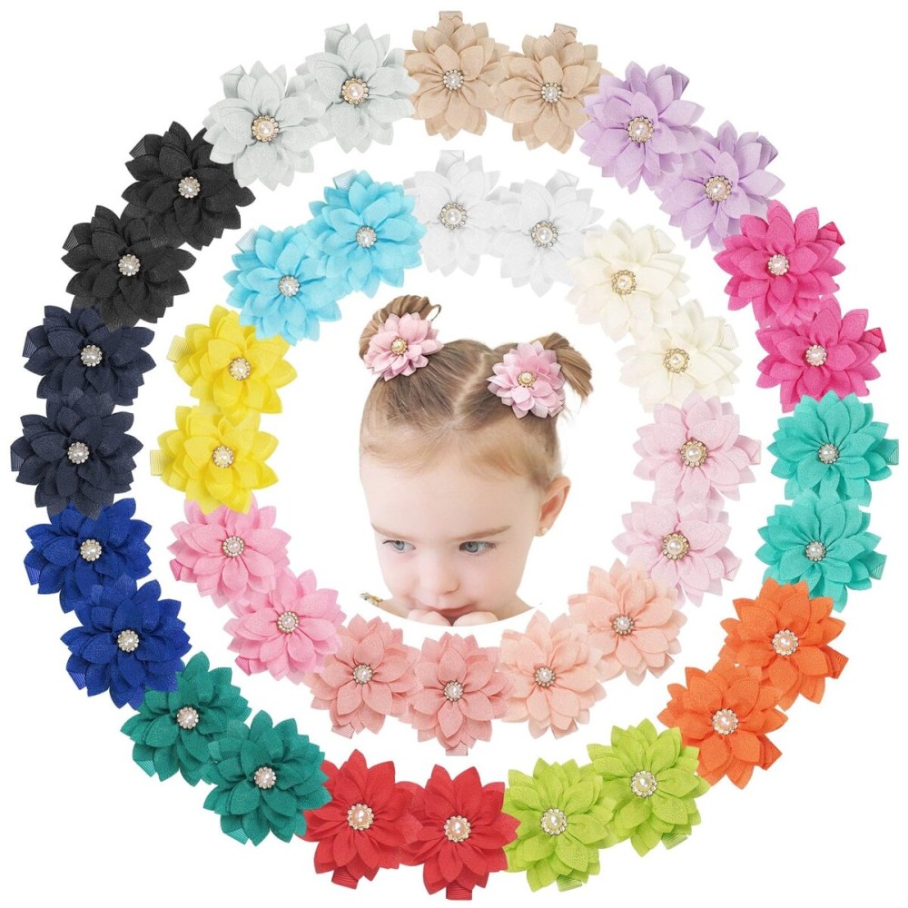 DeD 40PCS 2.3 Chiffon Flower Hair Bows Clips with Rhinestone Flower Tiny Hair Clips Fine Hair for Girls Infants Toddlers Set of 20 Pairs