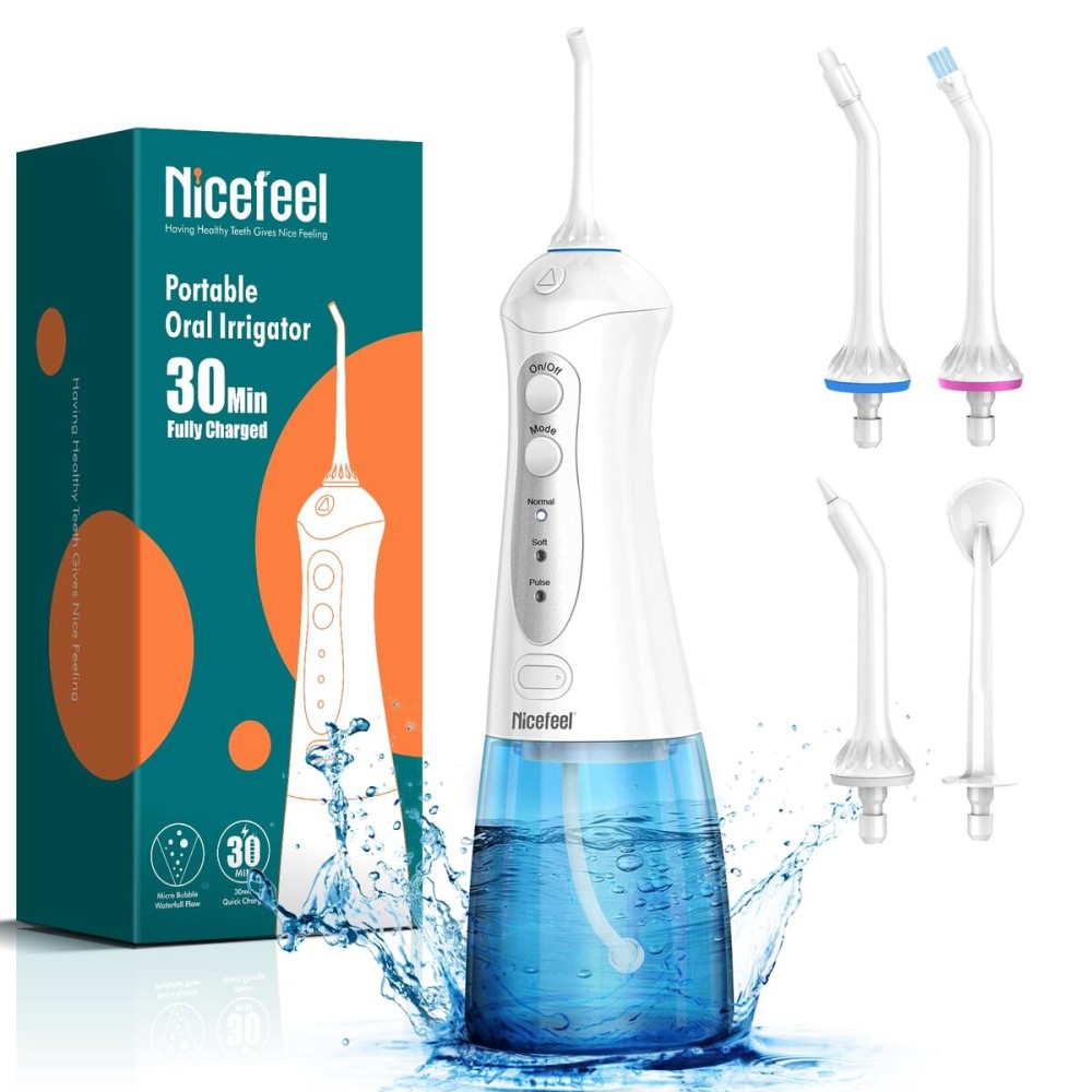 Nicefeel Water Dental Flosser Teeth Pick - Fast Charge Cordless Teeth Cleaner, 3 Modes Portable Oral Irrigator, IPX7 Waterproof Electric Water Dental Flosser for Tonsil Stone, 300ML Tank