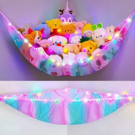 Unicorn Castle Stuffed Animals Net or Hammock Kids Toy Storage Organizer with LED Light Hanging Corner Stuffed Animals Holder Kids Girls Room Decor,Pink-Blue-Purple,Large (Pack of 1)