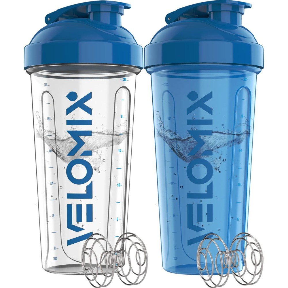 VELOMIX -2 Pack- 28 oz Protein Shaker Bottles for Protein Mixes - 2x Wire Whisk | Leak Proof Shaker Cups for Protein Shakes | Protein Shaker Bottle Pack | Shakers for Protein Shakes-Blue&Transparent