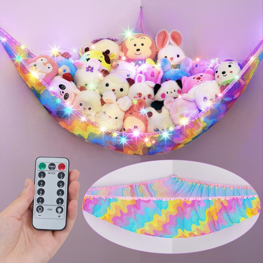 Unicorn Castle Stuffed Animals Net Hammock Kids Toy Storage with LED Light Plush Toy Organizer Corner Hanging Stuffed Animals Holder For Nursery Kids Girls Room Decor